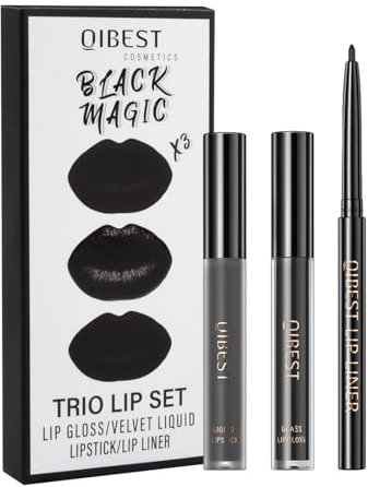 Set de Crayon à Lèvres et de Bbrillant à Lèvres Noir, Rouge à Lèvres Liquide Mat, Longue Durée Imperméable Liquide Gloss, Black Matte Lipstick, 3 Pièces