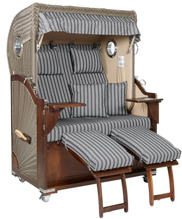 Webavita Premium Strandkorb Atlantik in Anthrazit | Vollieger aus Mahagoni | Luxus 2,5 Sitzer mit Bullauge | Garten Terrasse etc. | inkl. Schutzhülle