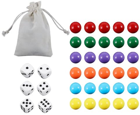 Medikaison 30Pcs 14MM Wahoo Board Game Replacement Marbles 6 Colors Aggravation Marbles with 6 Dices and 1 Storage Bag for Aggravation Wahoo Board Game