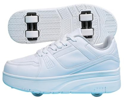 Mateju Schuhe mit Rollen für Jungen Mädchen, Kinder Rollschuhe Schuhe mit 4 Rollen Turnschuhe Versenkbarer, 2-in-1 Roller Schuhe Turnschuhe Skateboardschuhe 36 EU Weiß