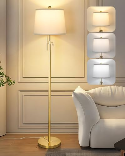 JUNNAI Gold Floor Lamp for Living Room, Tall Standing Lamp 55-65 Adjustable Modern Brass Floor Lamps for Bedroom Reading Office Kids 3 Color Lights Corner Night Stand (9W LED Bulb, White Shade)