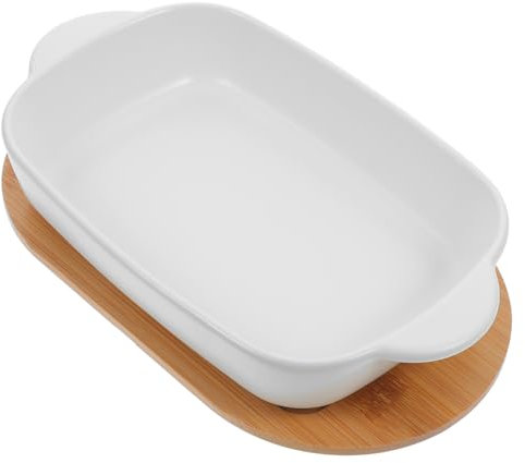 Mikinona Plat à Gratin Céramique Avec Double Anses Et Base Bois Résistant Four Micro-ondes Et Lave-vaisselle Pour Lasagnes Viandes Rôties Pizzas Et Pâtisseries Familiales