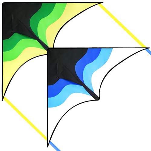 SYNCFUN 2 Packs großer Delta Drachen Grün und Blau Drachen, Einfach zu fliegen Riesige Drachen für Kinder,Stranddrachen mit 328 Fuß Langer Schnur und Flugspielzeug für Outdoor