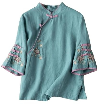 YONGHONGKEJI Magliette Donna Camicie da Donna Camicette A Maniche 3/4, Camicette con Bottoni A Forma di Rana in Stile Cinese, Camicette con Colletto Alto, Camicia Etnica in Cotone e Lino, Traspirant