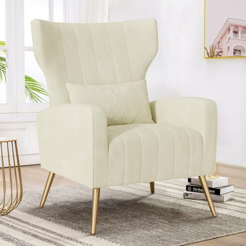 Aivermeil Sofas/Ohrensessel/Relaxsessel/mit Kopfkissen und Gold Metallfüßen Einzelsofa aus Samt bis 136KG Schlafzimmer/Wohnzimmer Beige
