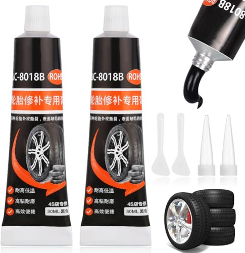 Flintronic Colla per Riparazione Pneumatici, 2 Pezzi Sigillante Pneumatici Auto,con Ugello e Raschietto Riparazione Rapida di Crepe e Buchi nei Pneumatici, per Bici/Moto/Auto-30ml