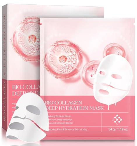 Bio Collagen Real Deep Mask, Mascarilla Facial de Noche, Mascarilla Colageno Facial Coreana para Mujeres, Mascarilla Facial para Calmante, Hidratante, Nutritiva 4 Piezas