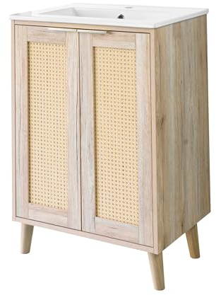 BELOFAY Vanity Unit With Basin | 600mm Bathroom Vanity Units With Basin | Floor Standing Slim Design | 1 Tap Hole Ceramic Bathroom Sink | Including Waste | Franklin Brown