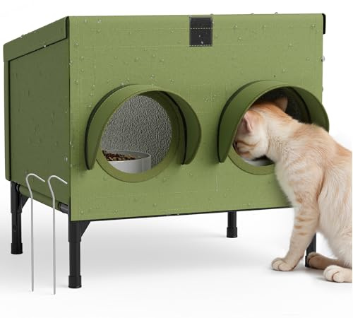 PELUOMOZ Outdoor Cat Feeding Station – Waterproof Dining Shelter for Feral & Community Cats, Insulated Roof & Walls, Dual-Feed Hole Design, Connects to Cat House – Green, 16×12×15.5