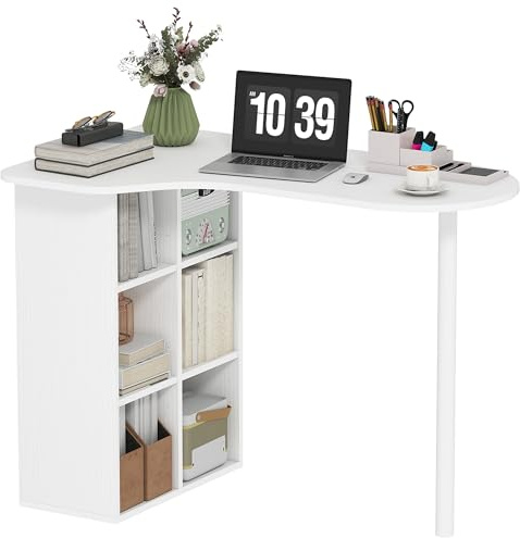 HOMCOM Scrivania Salvaspazio, Scrivania Piccola con 6 Scomparti, 4 Scaffali Regolabili e Piano Ricurvo, Tavolo Computer per Casa, Studio e Ufficio, 100x59x75.5 cm, Bianco