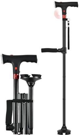 Canne De Soutien Astuvita Canne de Marche Ergonomique avec LED et Alarme, Double Poignée & Base Autoportante, Aide à la Mobilité Senior, Pliable Réglable Légère