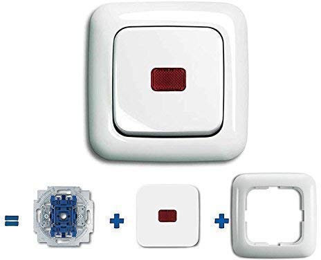 Busch Jäger Komplettset Lichtschalter, 1 x Wippschalter permanent beleuchtet (2000/6 USGL) mit Wippe (rote Kalotte) Rahmen komplett einbaufertig - z.B. als Kellerlicht Schalter alpinweiß - Reflex SI