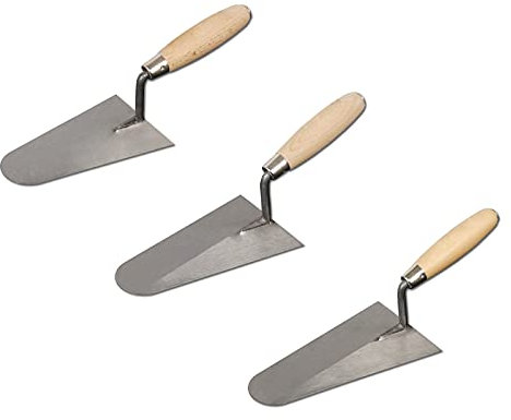 DEWEPRO Set 3 Truelles Italiennes 180 200 220mm – Truelles de Maçon en Acier Inoxydable Manche Bois – Forme Semi-Ronde Col Droit – Outil Professionnel pour Mortier Putz Enduit