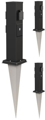 ledscom.de 3 Stück Garten-Steckdosen-Säule Polly schwarz mit Erdspieß für außen, 3-Fach, Smart Home, Edelstahl, eckig, 38cm