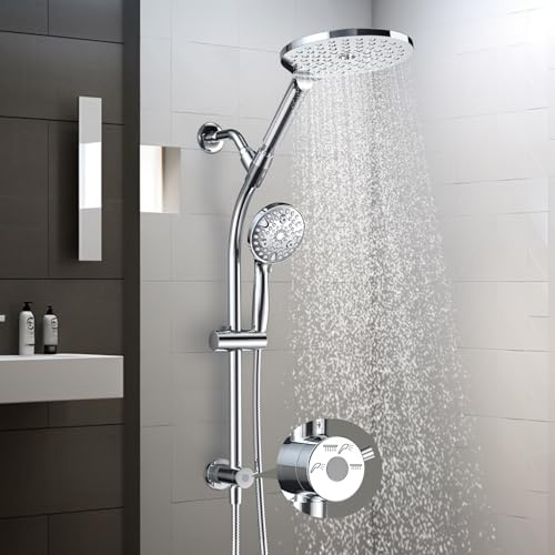 7.5 Rotatable Dual Shower Head with Handheld Combo, Kids Friendly Low 3-Way Diverter, Adjustable Slide Bar for Whole Family Use, Enjoy High Pressure Rainfall Spa Shower, Polished Chrome Finish