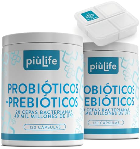 Probioticos Y Prebioticos Intestinales 240 Cápsulas PiùLife, 40 Mil Millones UFC Y 20 Cepas Por Dosis, Probioticos Intestinales Con Inulina Y FOS, Bienestar Intestino, Colon Gases E Hinchazon Adultos