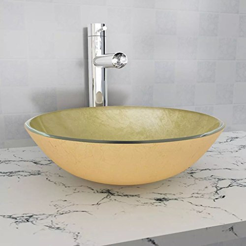 Goliraya Basin Bathrooms Ceramic Wash Basin Counter Top Mounted Oval Vessel Sink Tempered Glass 42 cm Gold