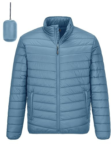 Outdoor Ventures Herrjacka, lätt varm övergångsjacka, packbar buffertjacka, vattentät utomhusjacka för utomhus, avslappnad, Gråblå, L