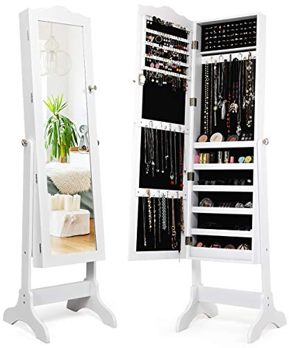 RELAX4LIFE Armoire à Bijoux sur Pieds avec Miroir Pleine Longueur HD, Armoire à Bijoux 4 Angles Réglables, 5 Étagères pour Tout Bijou, Verrouillage à Clé, pour Chambre Vestiaire Dressing (Blanc)