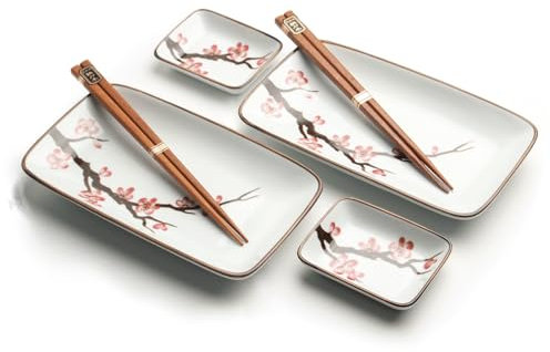Lujo - Sushiset - Sakura Oriental - 6 Delig- Set de sushi - 2 personas - vajilla japonesa - Incluye - 2 platos de sushi - 2 platos de sushi - 2 platos de sushi - 2 palitos de sushi - Empaquetado en