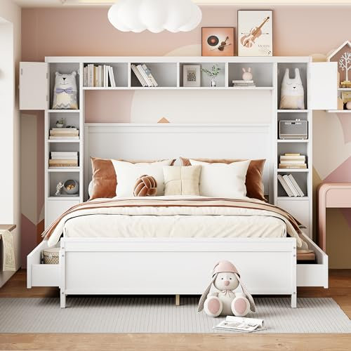 Dolamaní Bett 140x200 cm mit Stauraum, Holzbett Murphy Bed Chest, Wandbett mit Lattenrost, Bettschrank Vertikal mit 4 Schubladen und großem Stauschrank, für Gäste Erwachsene Jugendliche (Weiß)