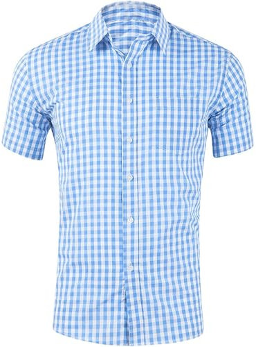 YAOHUOLE Traditionnelle pour Oktoberfest Chemise Homme Manches Courtes Bavaroise à Carreaux pour Homme Bleu Clair M