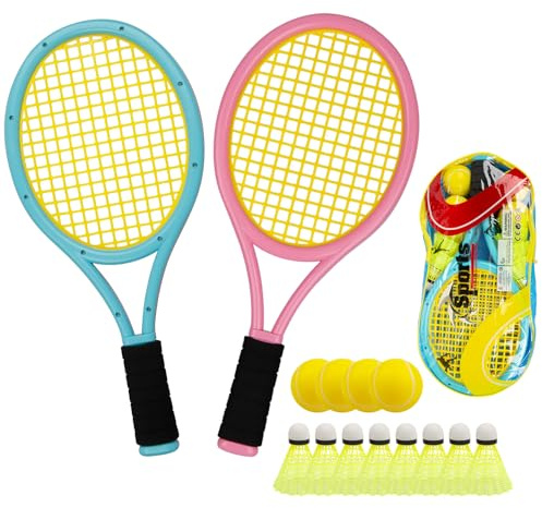 Nileatry Kids Tennis Rackets,Bat And Ball Set Include 8 Badminton Shuttlecocks,4 Sponge Balls And 2 Tennis Rackets,Tennis Set Suitable For Kids (Pink&Blue)