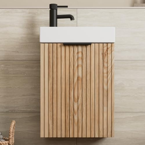 BAYSTONE® Fluted 400mm Bathroom Vanity Unit Ceramic Wash Sink, Cloakroom Storage Furniture Under Basin Cabinet Wall Hung Cupboard, Wood