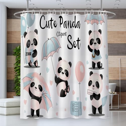 Cortina de Ducha Antimoho Tela Impermeable,Cortina Ducha 180 * 180cm,Cortina Baño,Cortinas de Baño para Bañera o Ducha,Lavable con Agua,Globos Paraguas Panda De Dibujos Animados