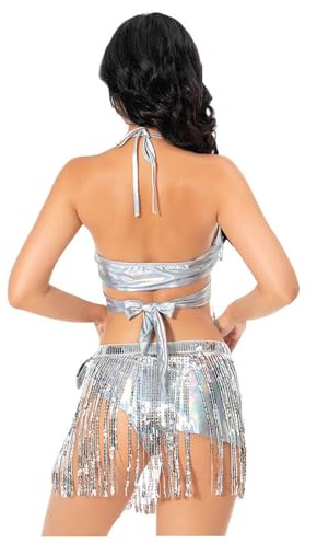 Generisch Bikini da donna in due pezzi, costume da bagno push up sexy con frange glitterate, argento, S
