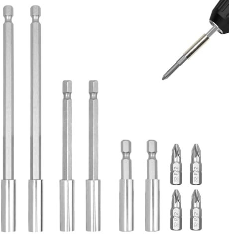 10Pcs Magnetic Extension Bit Holder Set 60 100 150mm Hex Shank S2 Steel with 4 PZ2 Strong Long Magnetic Screwdriver Bits Holders for Impact Driver Socket Screwdriver Drill Power Tool