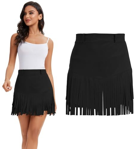 Women Western Cowgirl Fringe Skirt Terra Cotta High Waist Fringe Mini Short Skirts 60s 70s Hippie Party (US, Alpha, XX-Large, Regular, Regular, Black)