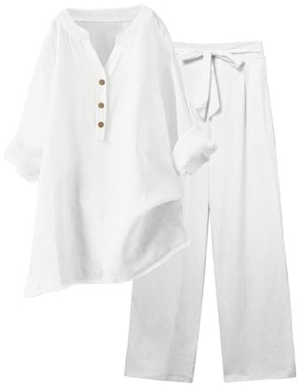 Completo da donna in cotone e lino, set da 2 pezzi, a gamba larga, per il tempo libero, da spiaggia, per viaggi, estivi, streetwear, bianco, XL