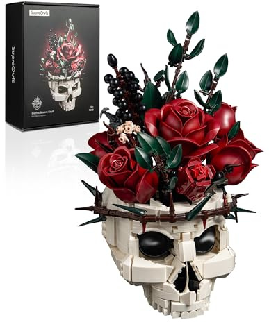 iATOM Skull Roses Flower Bouquet Building Set, Botanical Collection Kit for Adult Women, Birthday Gifts for Mothers Day for Her/Girlfriend/Mom/Wife/Couple, Goth Horror Skeleton Pot Home Table Decor