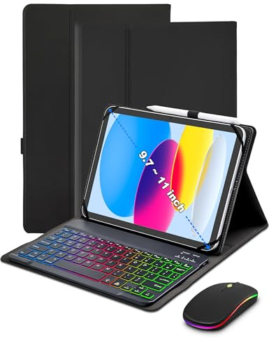 XCHYTECHER Universal Tablet Keyboard Case for 9.7,10.1,10.2,10.5,10.9,11 iPad Samsung Fire Pixel Android 10.1 inch Tablets, 7 Color Rainbow Backlit Removable Keypad with Pen Holder(Black) +Mouse