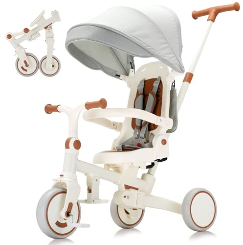 AOPEC 7‑in‑1 Toddler Tricycle, Foldable Kids Trike, 18‑5 Years, Beige