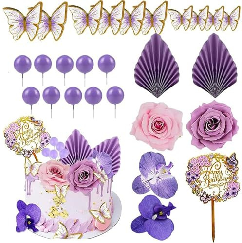 FOSDICK 27 Pcs Fleur Decoration Gateau, Fleurs Artificielles Feuilles de Palmier Violet Boule Deco Gateau, Boho Decoration gateau Anniversaire, Cake Topper Anniversaire pour Mariage, Baby Shower, Fête