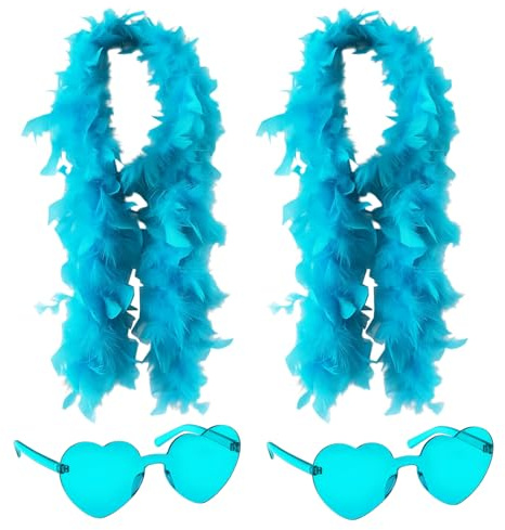 DtgEcd 2 Pcs Feather Boas with Heart Rimless Sunglasses, 2m Blue Feather Boa, Feather Boas Multipack Delicate Feather Scarf for Women Girls Dancing Party Props Wedding Bachelor Halloween (Lake Blue)