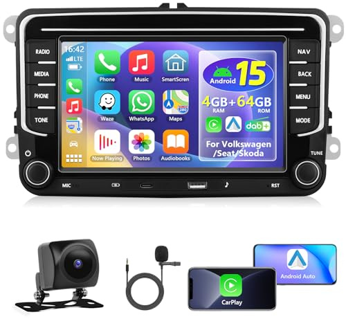 Motorsi 4+64G DAB Autoradio per VW Seat Altea Toledo Leon con Type-C/Wireless Carplay e Android Auto, 7 Radio Stereo per Auto Bluetooth con Navigazione GPS/WiFi/RDS/Hi-Fi/EQ+AHD/CVBS Telecamera