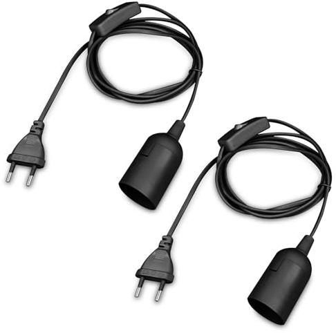 Eckerdromk 2 Pieces Douille E27 a Visser, Douille Lampe avec Cable 2m avec Interrupteur et Prise, Adaptateur E27 pour Suspension de Lampe, Suspensions, Plafonniers, Lampes DIY, Noir