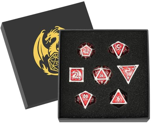 Metal Dice Set, Dragon Pattern, 7pcs Polyhedral Metal DND Dice Set, DND Starter Set, D&D Gifts with Gift Box, Role Playing Board Games Accessories, Red