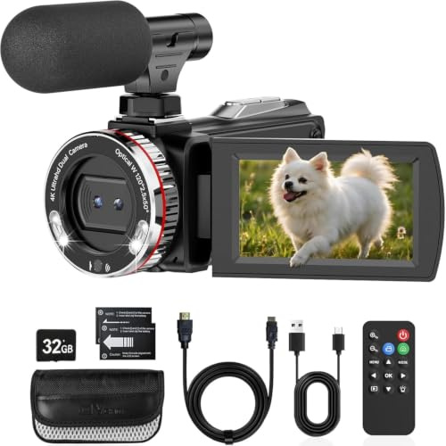 Videocámara 4K Cámara de Vídeo 48 MP, Zoom Digital de 21x, Pantalla Giratoria de 3 y 270°, Cámara Vlog de YouTube, Camcorder con Cable HDMI, Micrófono, Control Remoto, Tarjeta de 32 GB, 2 Baterías