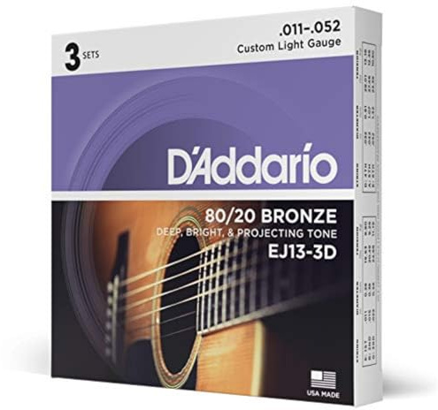 D'Addario gitarrsträngar – akustiska gitarrsträngar – 80/20 brons – för 6-stränggitarr – djup, ljus, projektionston – EJ13-3D – anpassat ljus, 11-52 – 3-pack