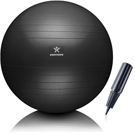 BODYMATE Palla da Ginnastica, Fitness, Yoga, Core Training con E-book GRATUITO e Pompa Nero 55cm