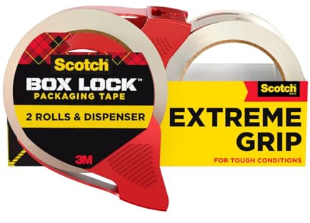 Scotch Box Lock Packaging Tape, 2 Rolls with 1 Refillable Dispenser, 1.88 in x 54.6 yd, Extreme Grip, Sticks Instantly to Any Box