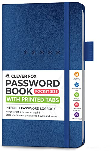 Clever Fox Password Book – Alphabetized Internet Address & Password Organizer - Computer & Website Password Keeper Notebook – Log-In Password Journal – Pocket, 6.2x3.5″, Hardcover (Mystic Blue)