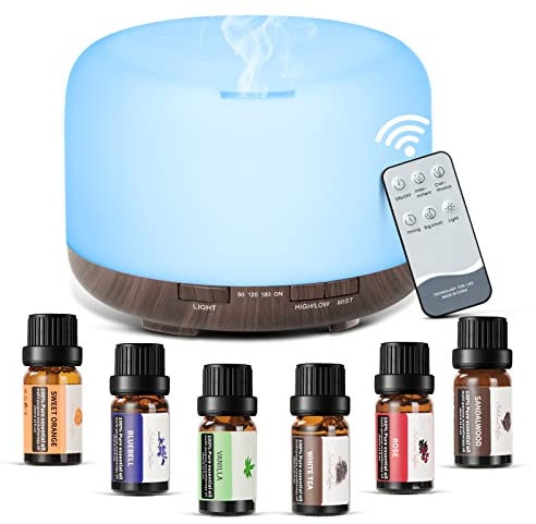 ACWOO Aroma Diffuser, 500ml Aroma Diffuser, Öle Aroma Diffuser Luftbefeuchter mit 6 Flaschen Duftöl, 7-Farben-LED, Auto-Off,Duftöl Diffuser für Zuhause, Yoga, Büro, SPA