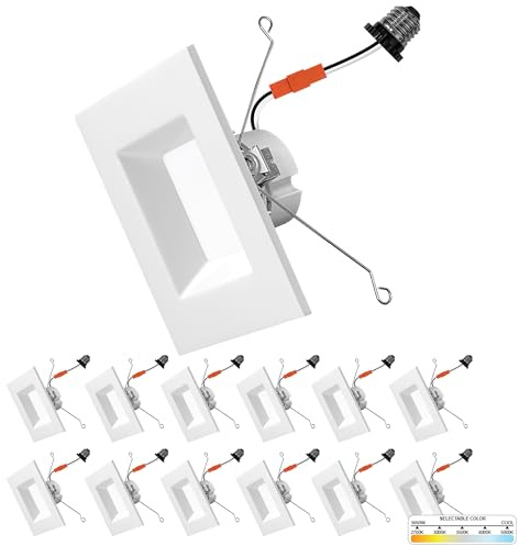 NUWATT 12 Pack, 6 Inch Retrofit LED Square Recessed Lighting, 5CCT 2700K/3000K/3500K/4000K/5000K Selectable, 1100 Lumen 14W, Dimmable Ceiling Light, White Square Trim Can Light Wet Rated, ETL Listed