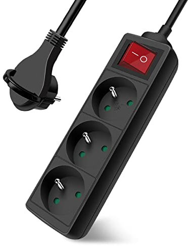 Extrastar Multiprise 3 Prises avec Interrupteur Fiche Plate, Bloc 3 Prises, Rallonge 3m 230 V avec sécurité Enfant, Noir