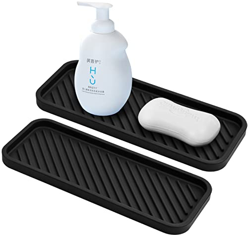 Chstarina 2 Pièces Organisateur D'évier Silicone Antidérapant Tapis Égouttoir à Vaisselle Résistant à la Chaleur Porte pour Savons, Éponges, Brosses, 9 * 23cm (Noir)